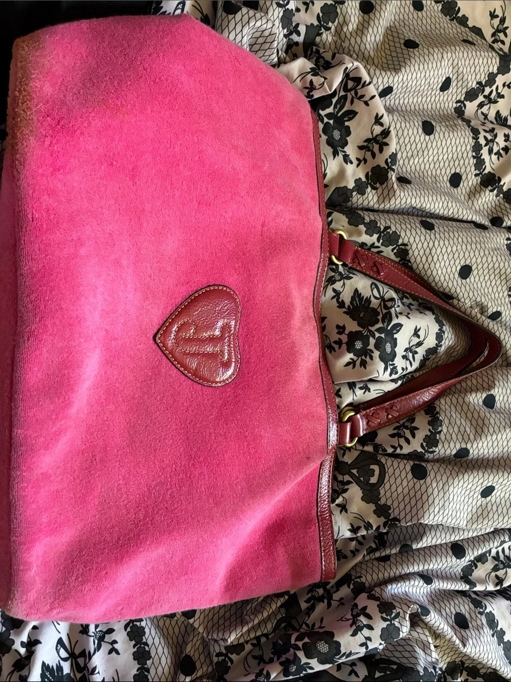 Juicy Couture Hot Pink Suede Tote with Gold Embroidery and Heart Charms